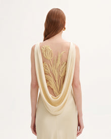Tulip Appliqué Cowl-Back Satin Column Maxi Dress - Creamy Beige