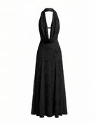Orchid Beaded Embroidered A-Line Halter Maxi Dress - Black