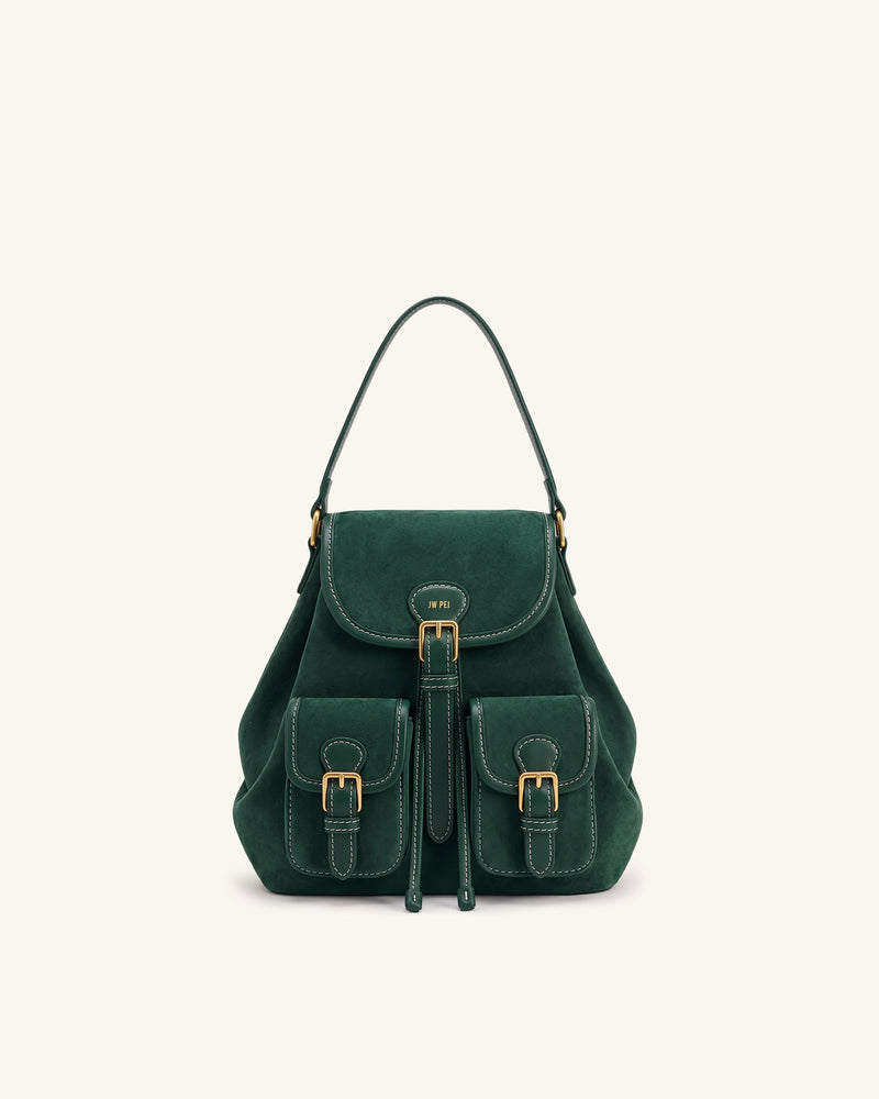 Harper Faux Suede Buckle Pocket Backpack - Dark Green