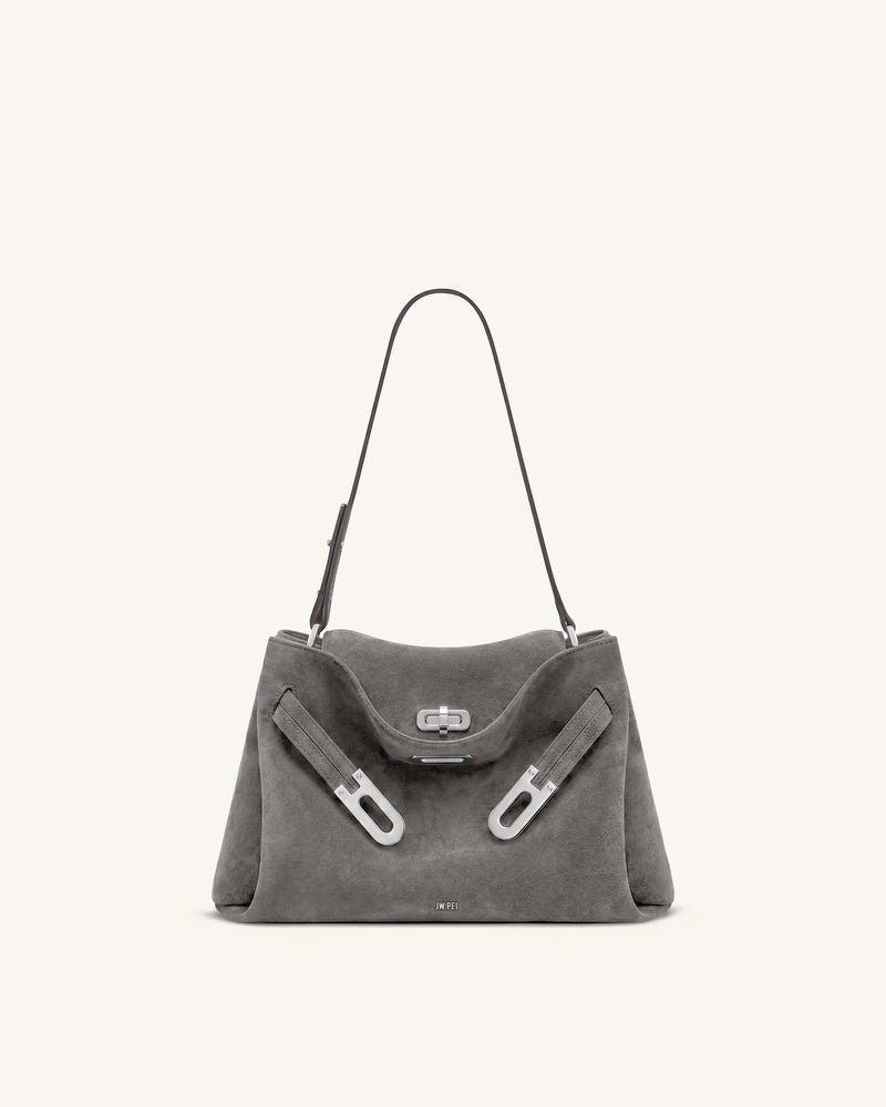Rhea Faux Suede Double Buckle Shoulder Bag - Grey