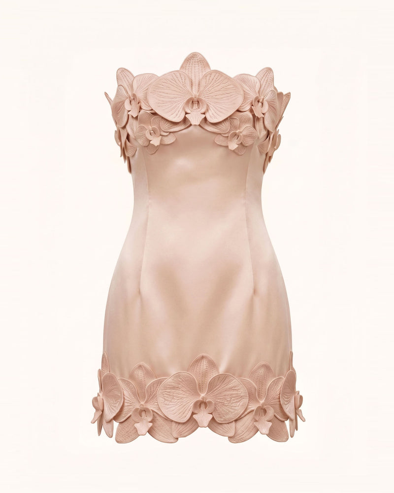 Orchid Trim Strapless Mini Dress - Nude
