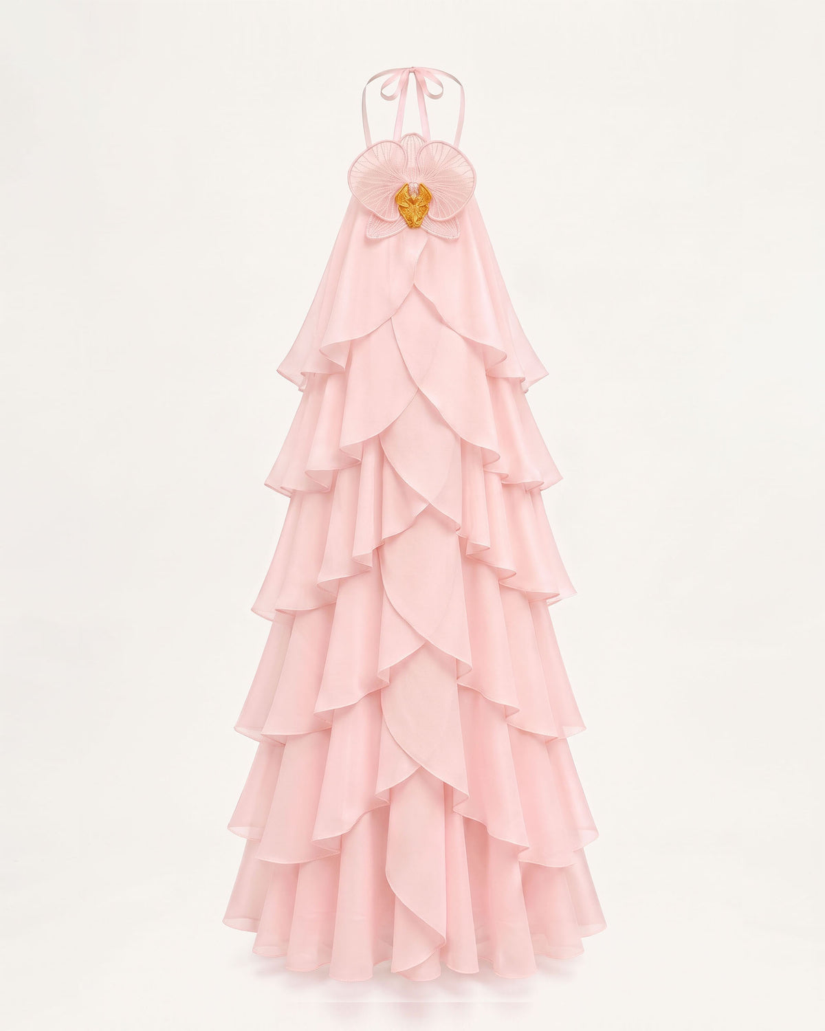 Orchid Embroidered Halter Layered Ruffle Maxi Dress - Blush Pink