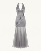 Orchid Embroidered Sheer Hem Halter Maxi Dress - Grey