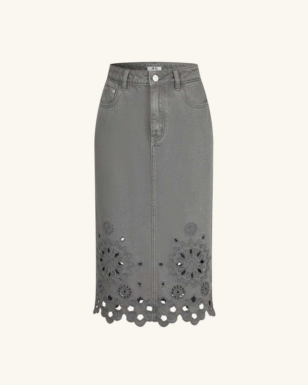 The Delicate Embroidered Cutout Denim Midi Skirt - Washed Sage
