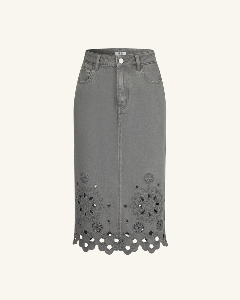 The Delicate Embroidered Cutout Denim Midi Skirt - Washed Sage