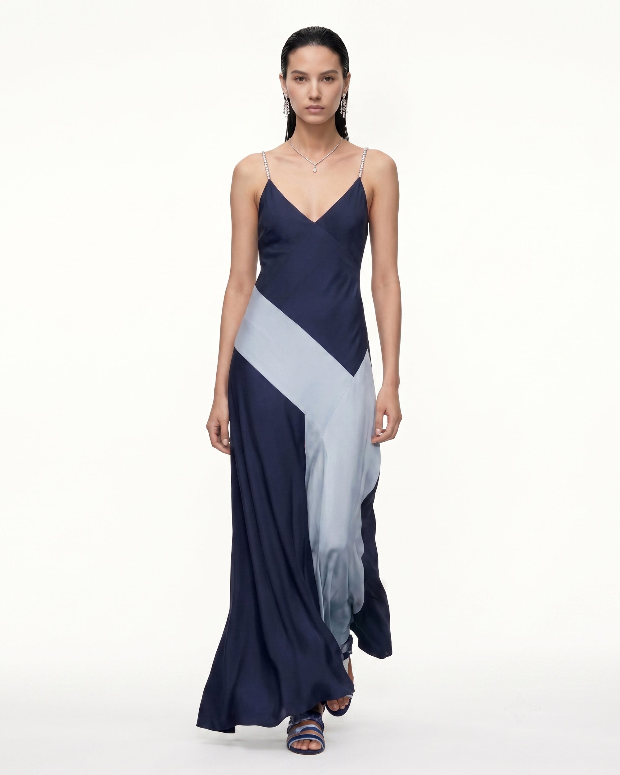 Colorblock Spaghetti Strap Maxi Dress - Navy & Light Blue