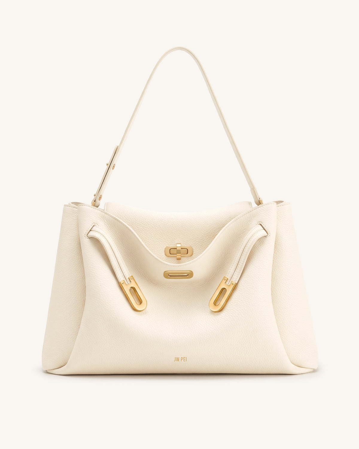 Rhea Large Pebbled Double Buckle Shoulder Bag - Off White