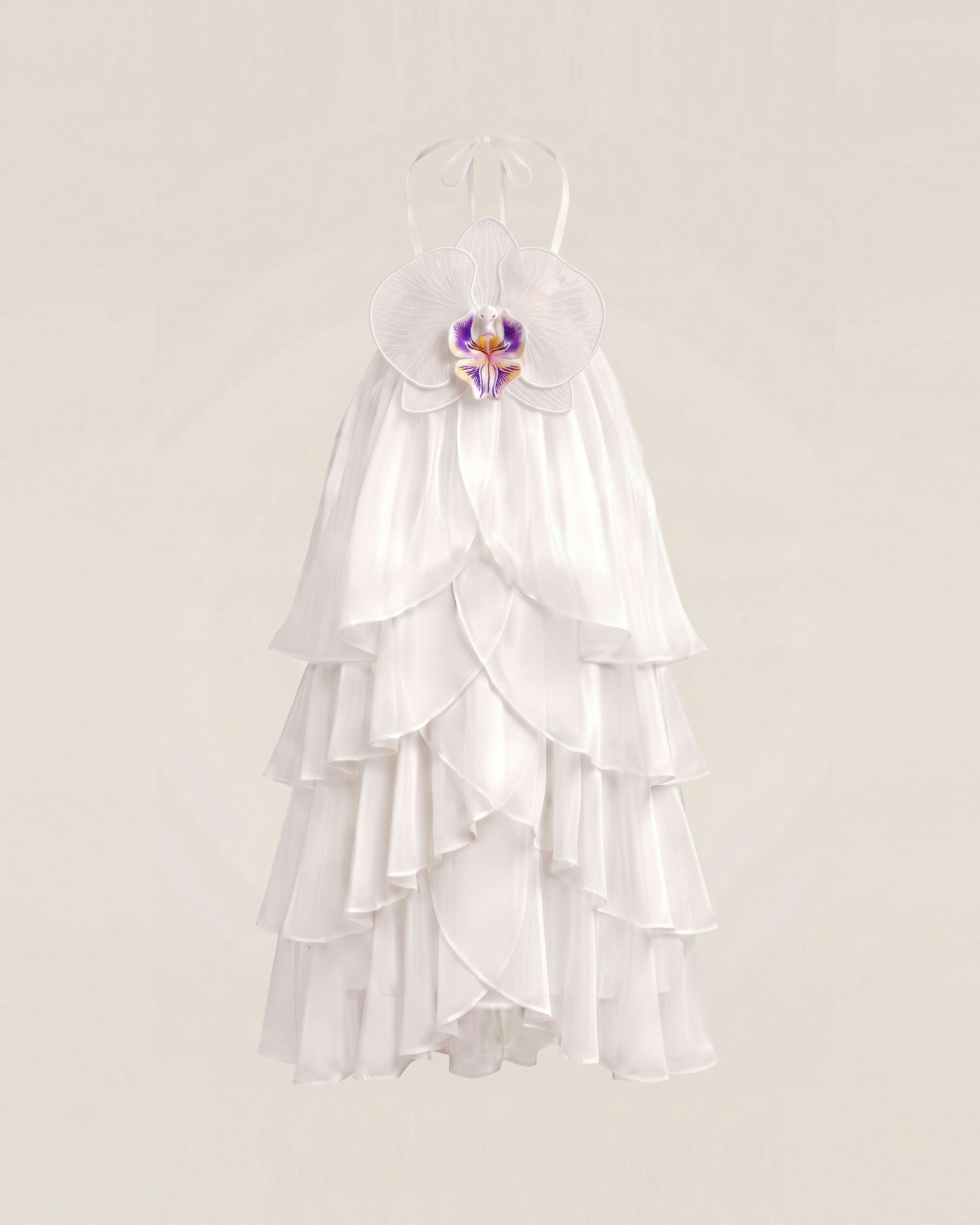 Orchid Embroidered Tiered Halter Mini Dress - White