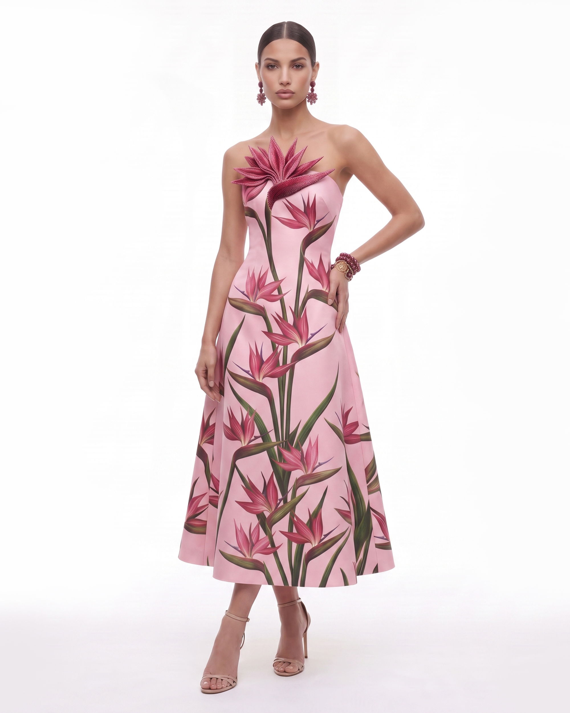Bird of Paradise Appliqué Strapless A-Line Midi Dress - Pink