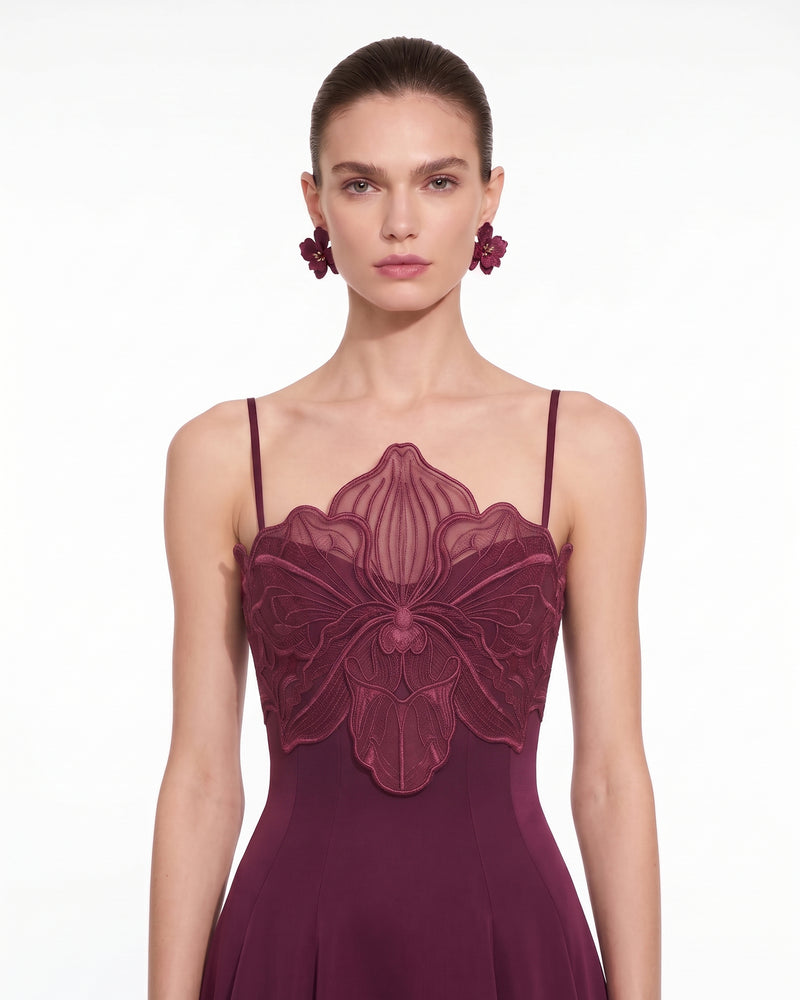 3D Floral Strappy A-Line Maxi Dress - Burgundy