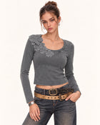 Lace Appliqué Scoop Neck Curved Cropped Tee - Washed Slate