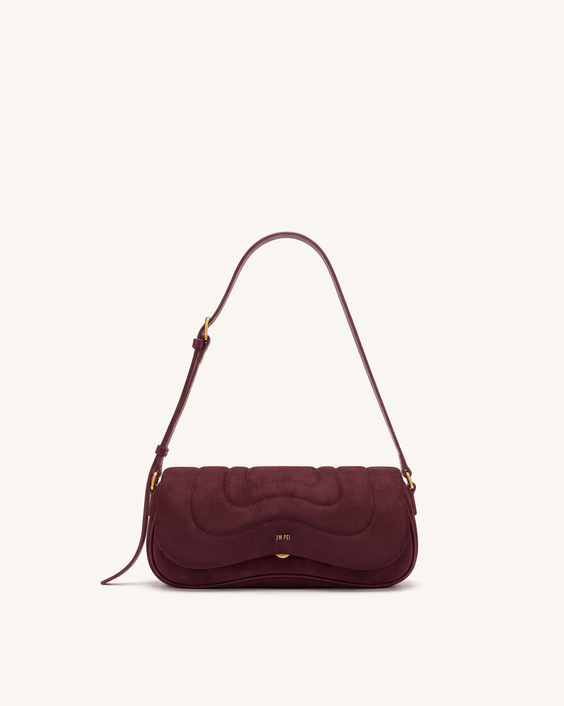 Tina Curved Quilted Faux Suede Shoulder Bag - Deep Burgundy