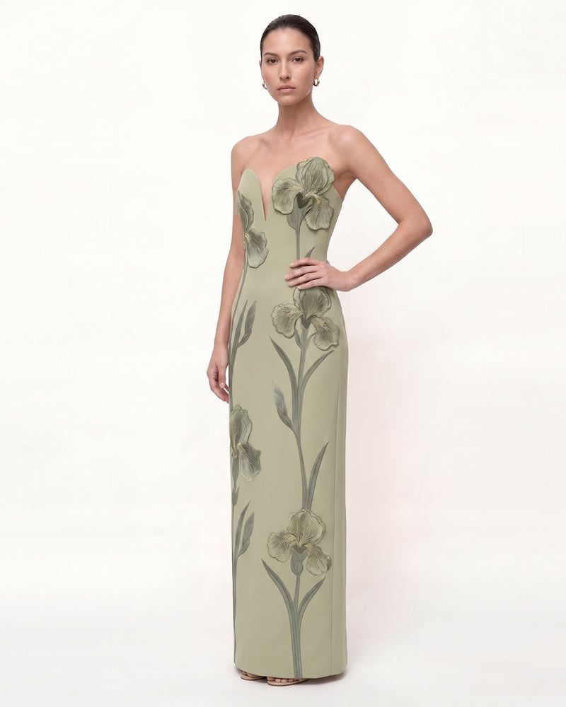 Iris Embroidered Notch Neck Strapless Maxi Dress - Sage Green