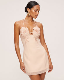 Flower Embroidered Mini Dress - Light Pinkish Flesh Color