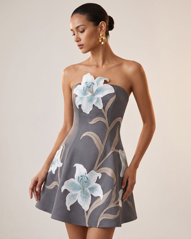 Lily Floral Print Strapless A-Line Mini Dress - Grey