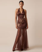 Orchid Embroidered Sheer Hem Halter Maxi Dress - Brown