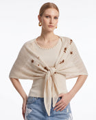 Embroidered Knit Shawl and Top Set - Beige