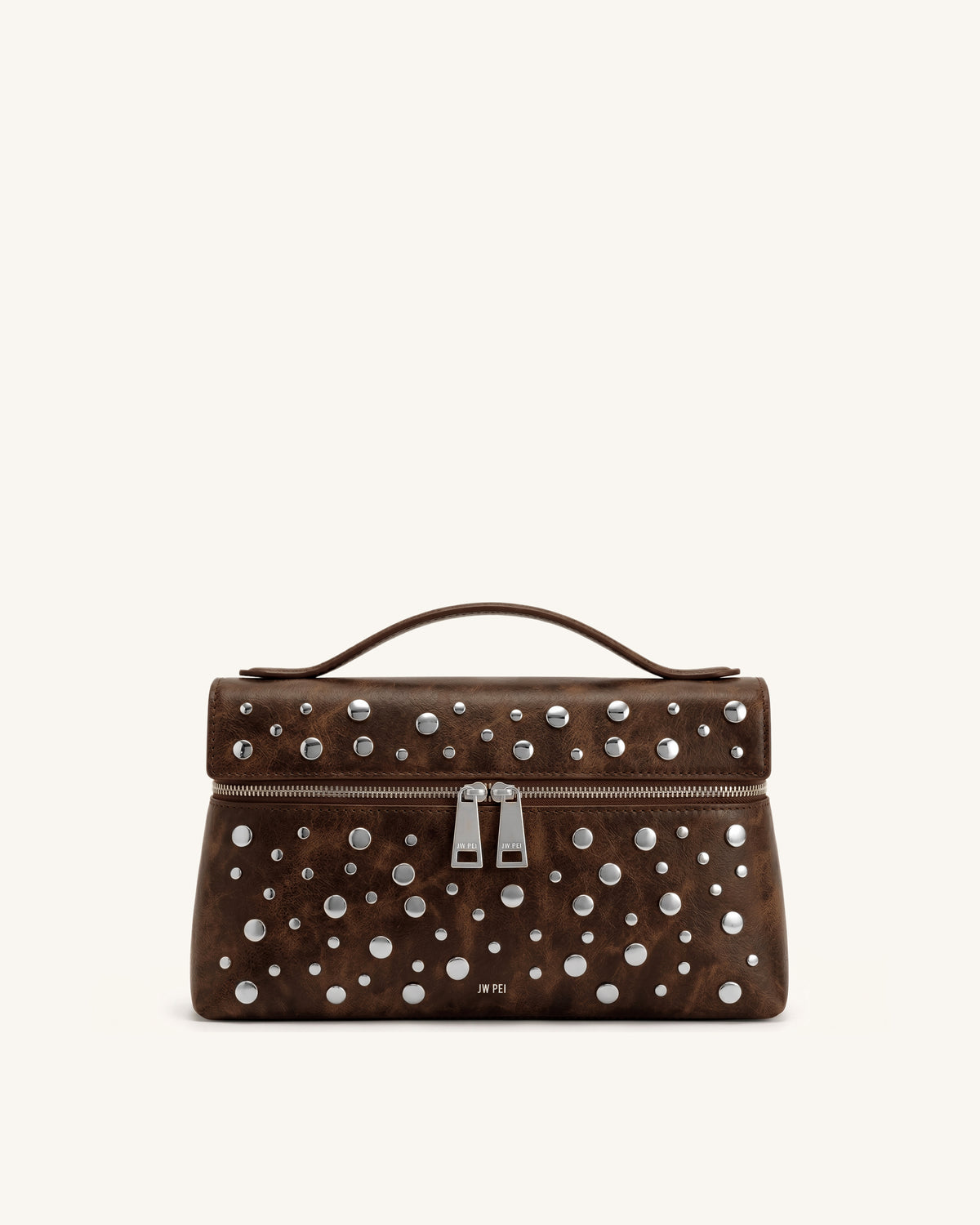 Thea Faux Suede Studded Top Handle Bag - Dark Brown