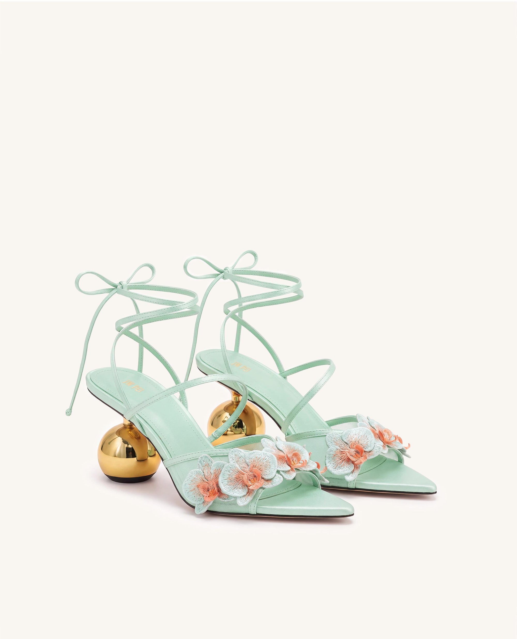 Celia Orchid Embroidered Sphere Heel Lace-Up Sandals - Nile Green