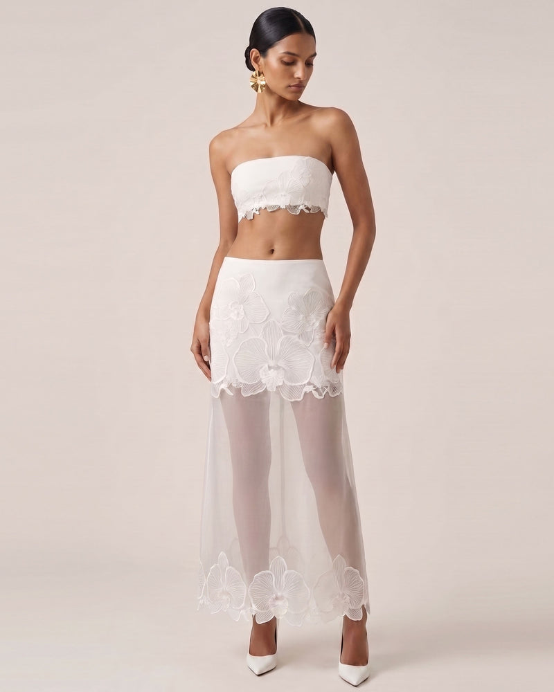 Orchid Embroidered Sheer Overlay Skirt - White