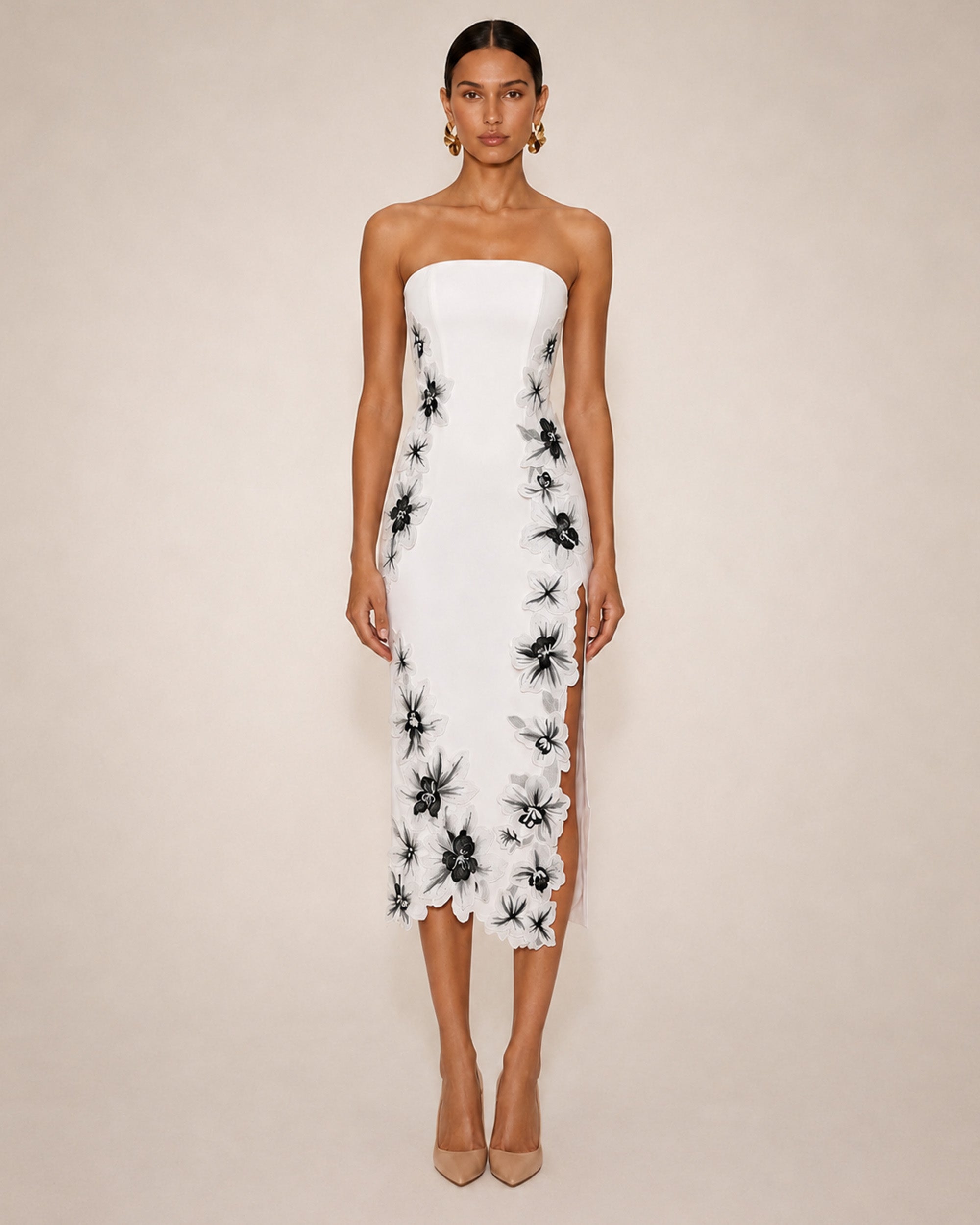 Flower Embroidered Strapless Midi Dress - White