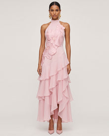 Orchid Embroidered Halter Asymmetric Layered Maxi Dress - Pink