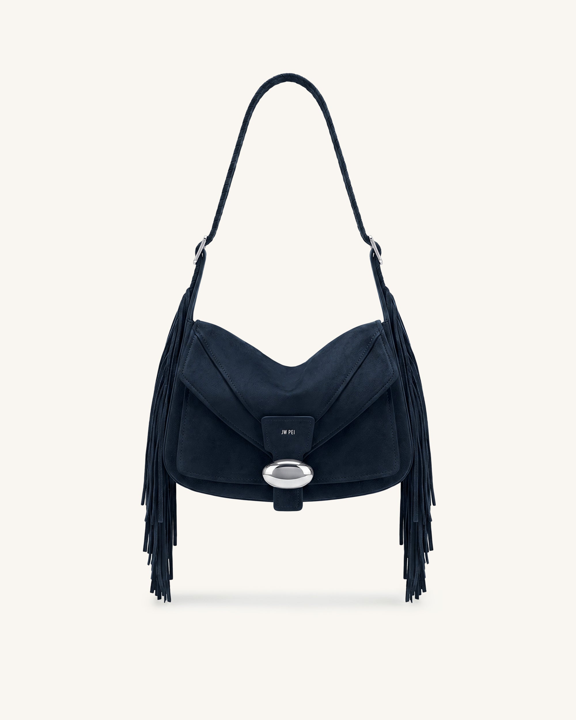 Avery Fringe Faux Suede Shoulder Bag - Navy Blue