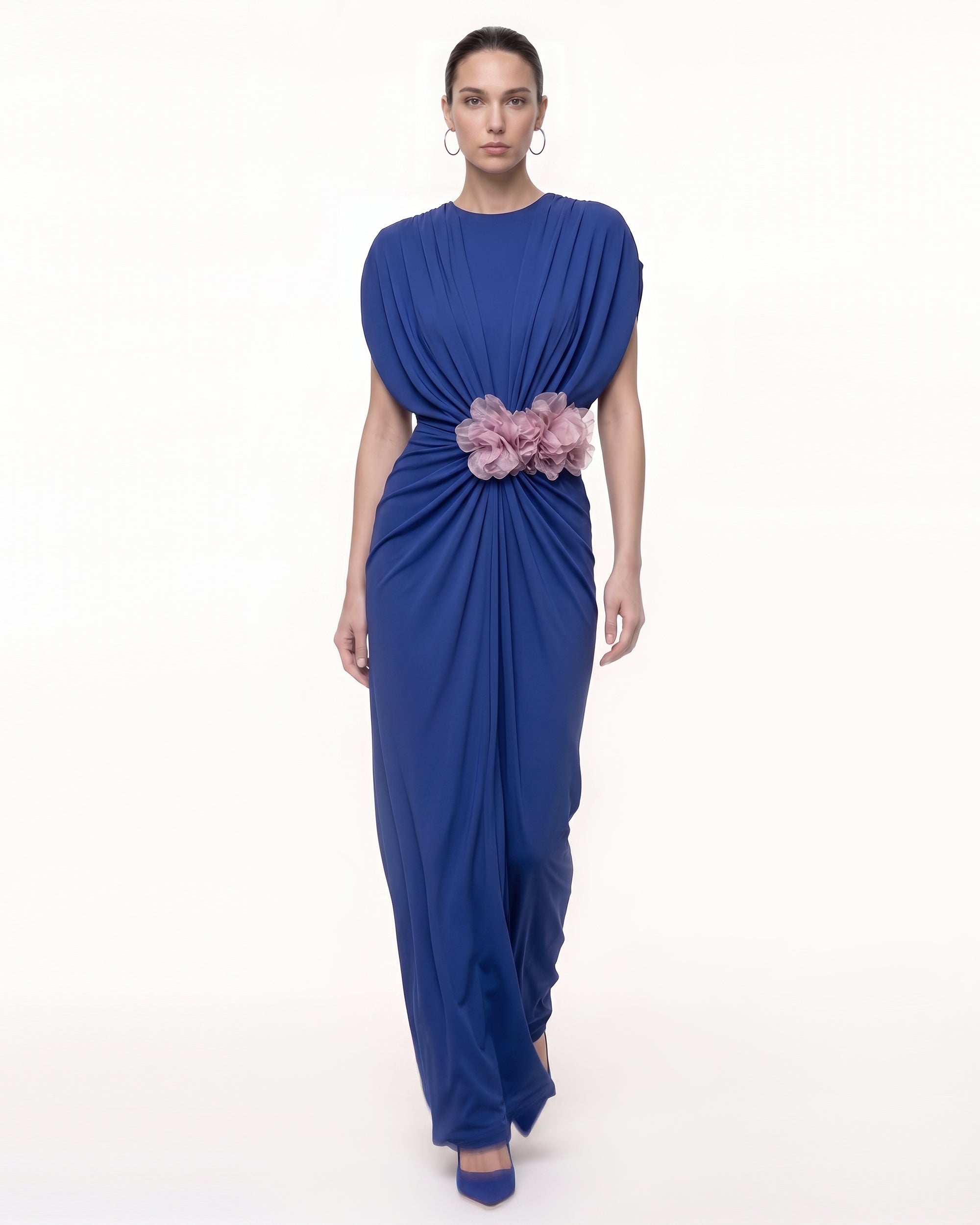 Floral Appliqué Draped Ruched Maxi Dress - Royal Blue