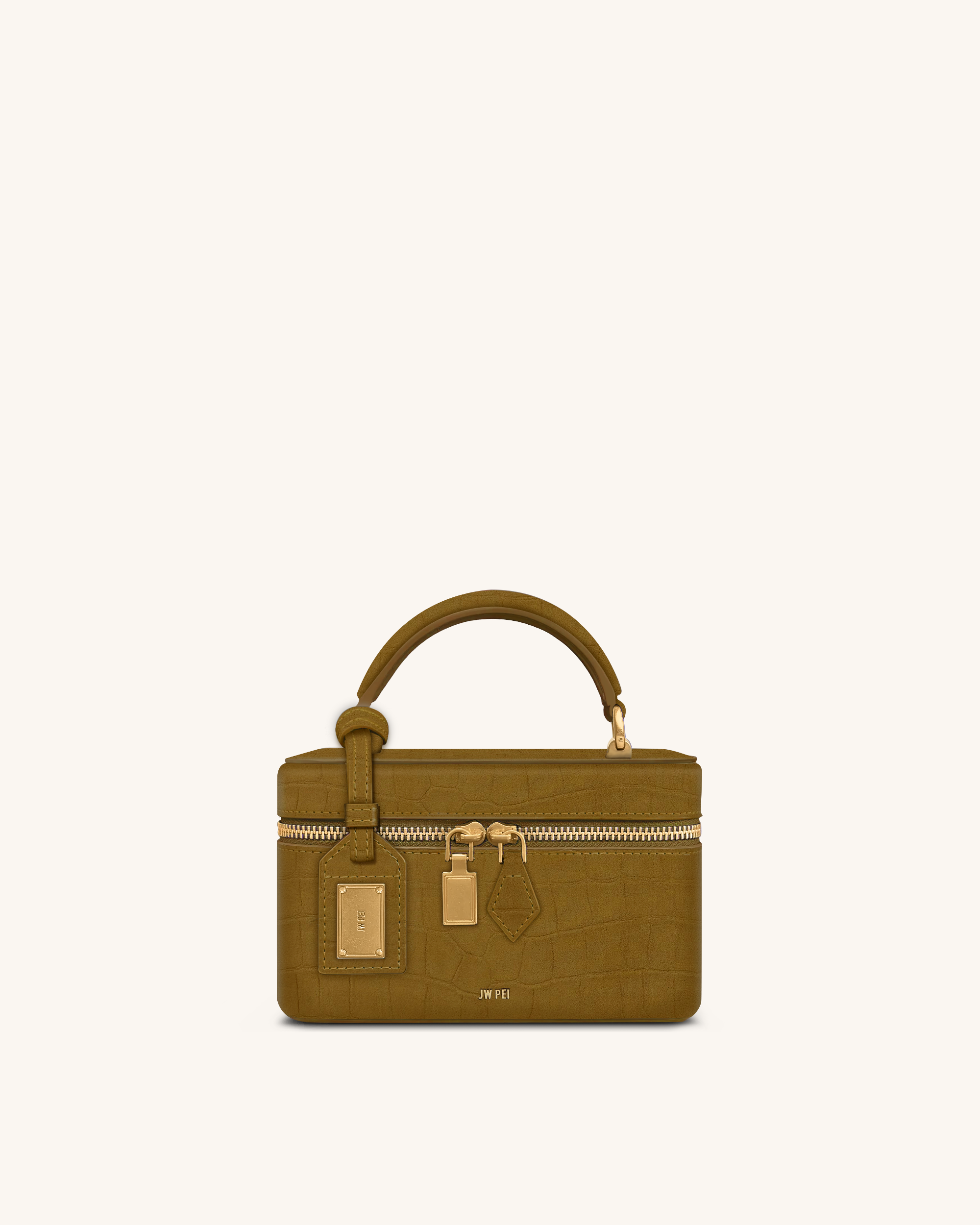 Cleo Faux Suede Croc Embossed Box Shape Top Handle Bag - Olive Green