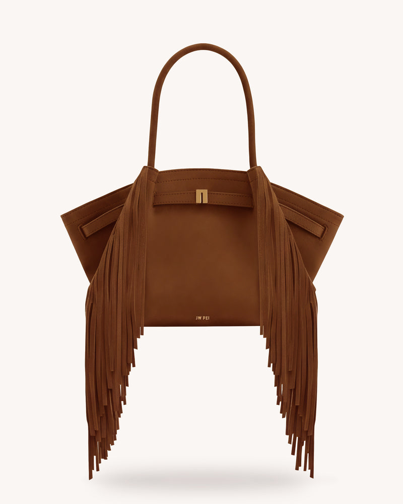 Hana Medium Faux Suede Fringe Tote Bag - Brown