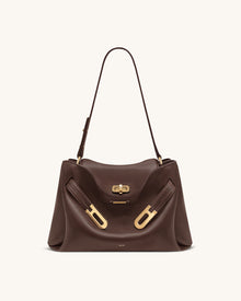 Rhea Pebbled Double Buckle Shoulder Bag - Dark Brown