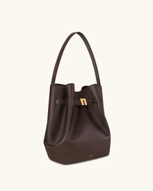 Clara Lock Accent Bucket Shoulder Bag - Mocha Brown