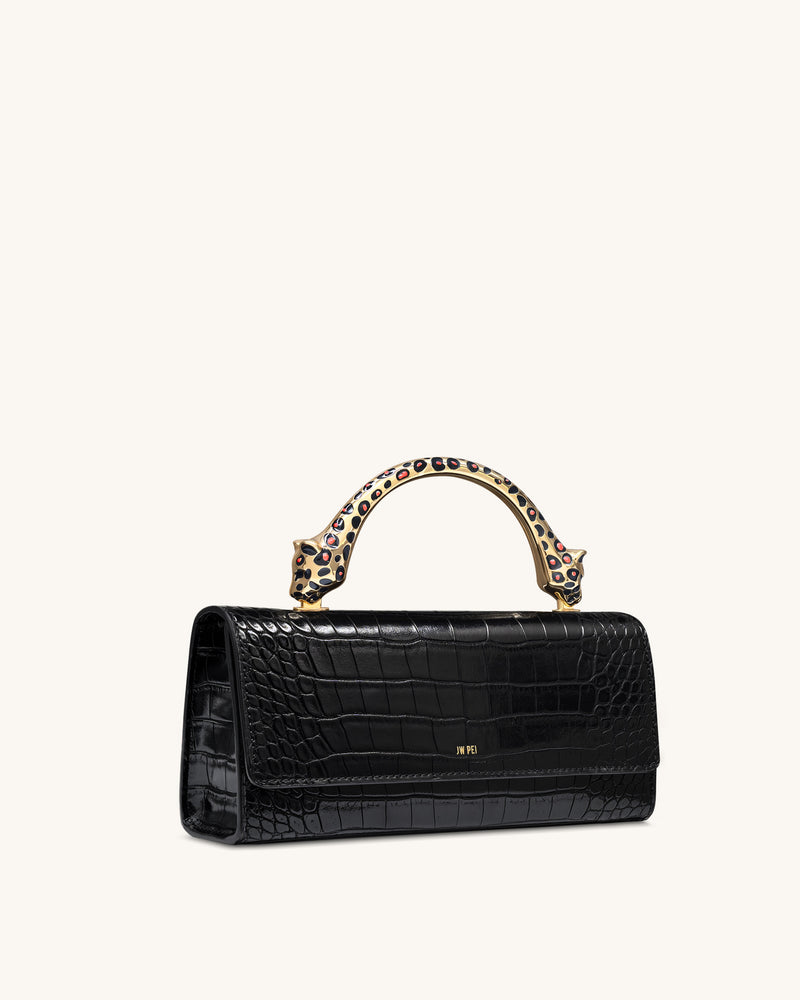 Maya Leopard-Shaped Hardware Handle Top Handle Bag - Black Croc