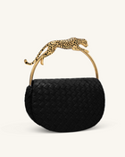 Ione Leopard Shaped Hardware Handle Woven Top Handle Bag - Black