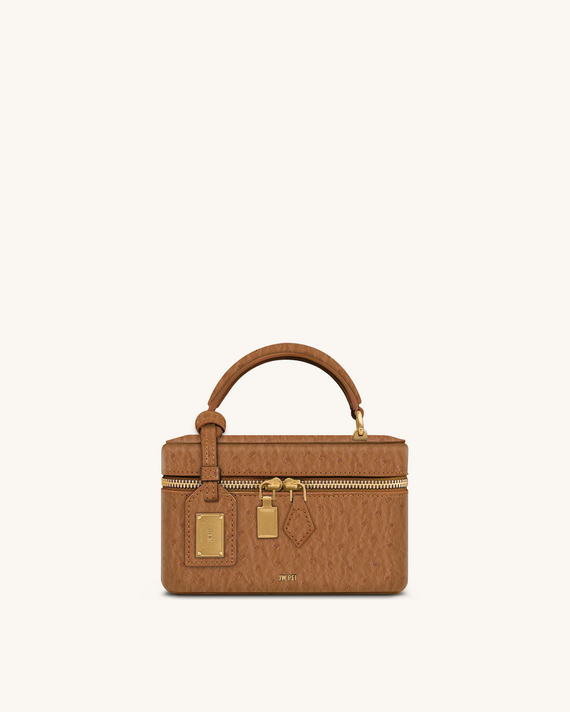 Cleo Faux Ostrich Texture Box Shape Top Handle Bag - Brown