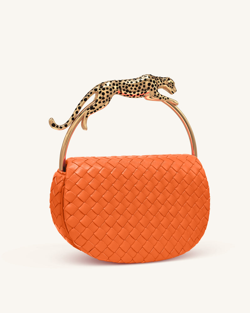 Ione Leopard Shaped Hardware Handle Woven Top Handle Bag - Orange