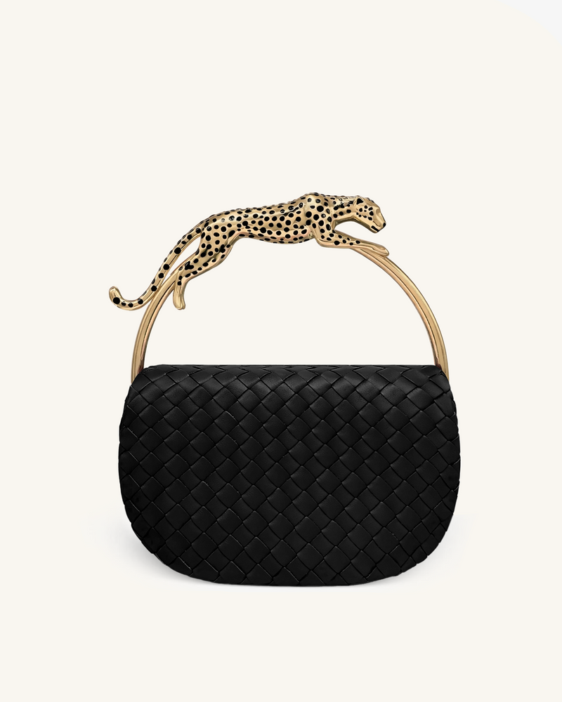 Ione Leopard Shaped Hardware Handle Woven Top Handle Bag - Black