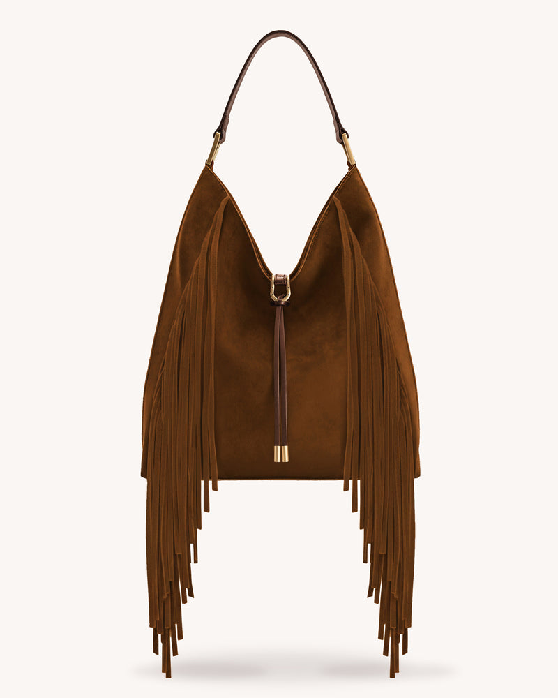 Aria Faux Suede Fringe Shoulder Bag - Brown