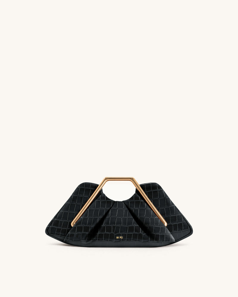 Lila Faux Croc-Effect Metal Frame Clutch - Black