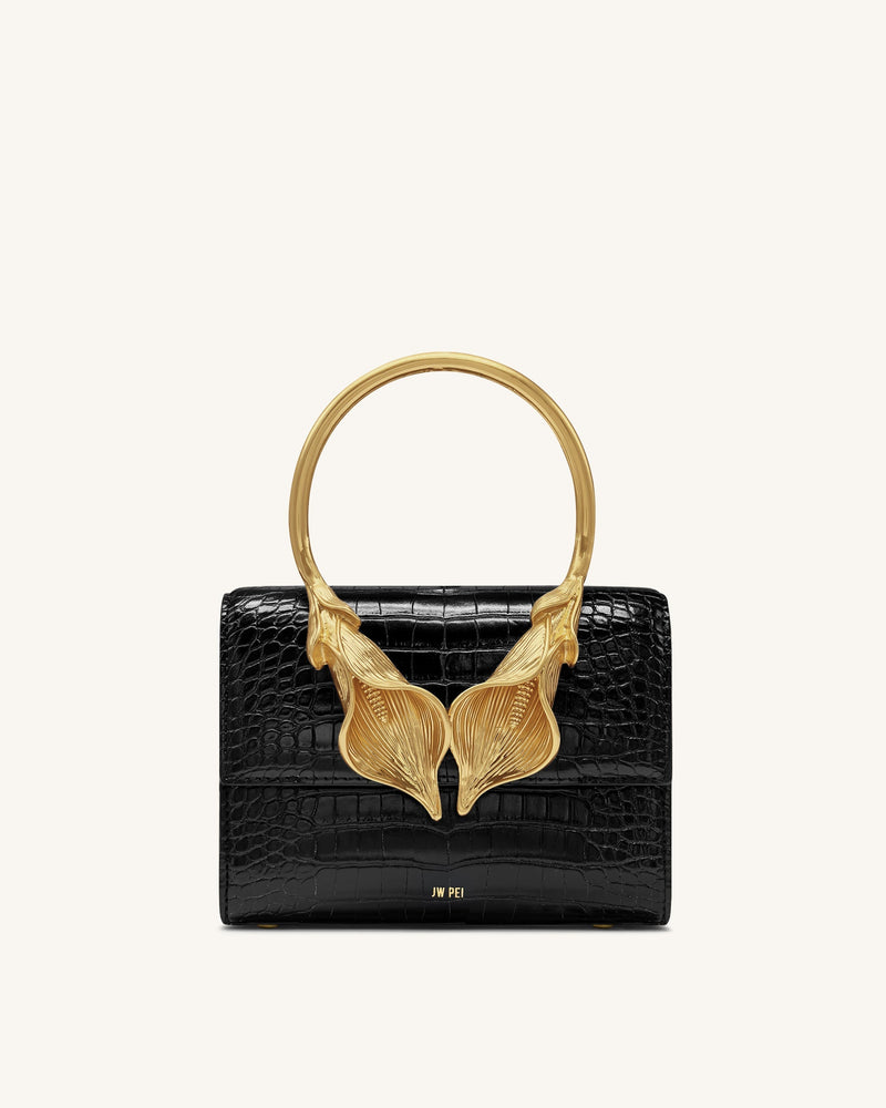 Astrid Calla Lily Metal Handle Top Handle Bag - Black Croc