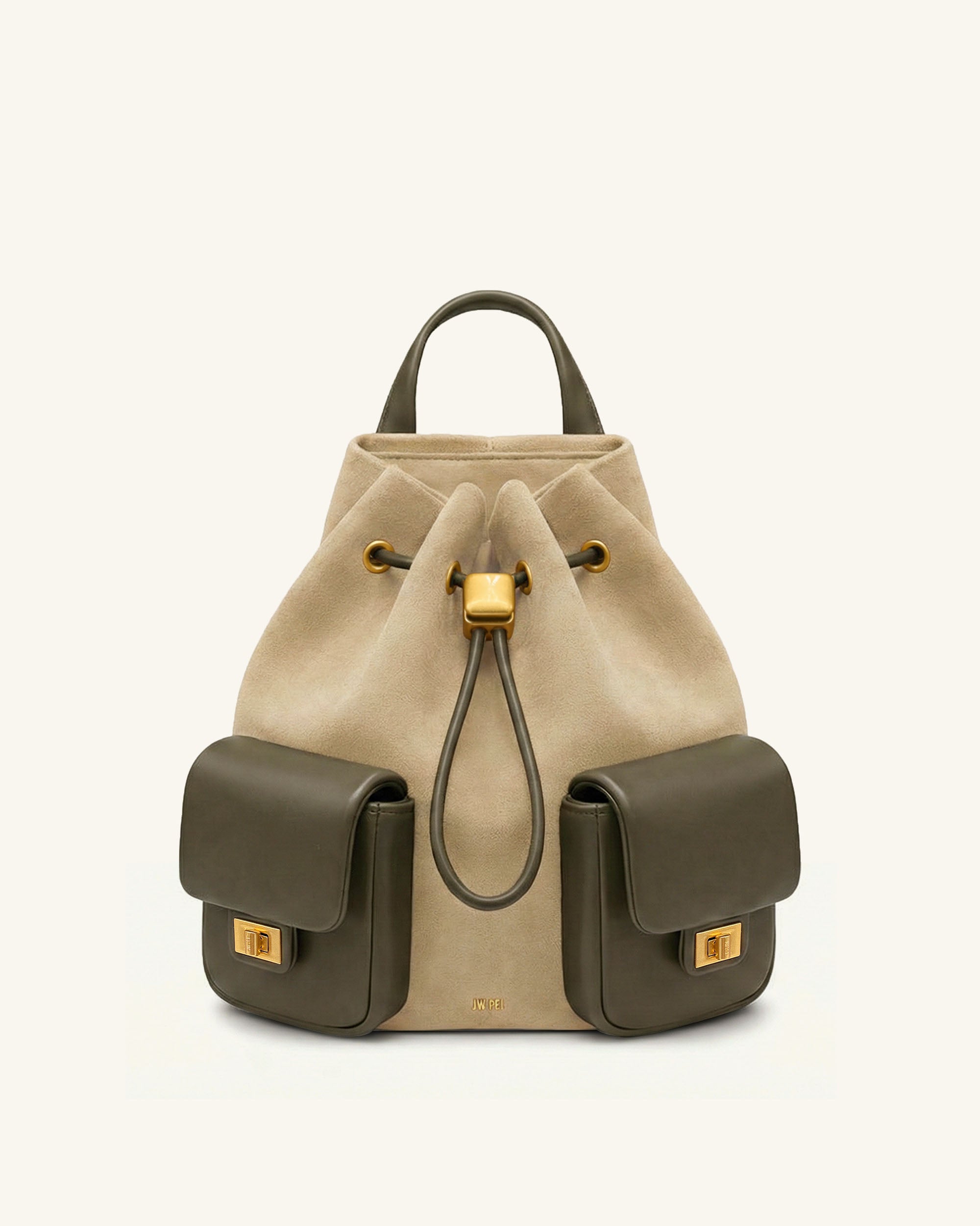 Avery Faux Suede Drawstring Utility Backpack – Beige & Olive