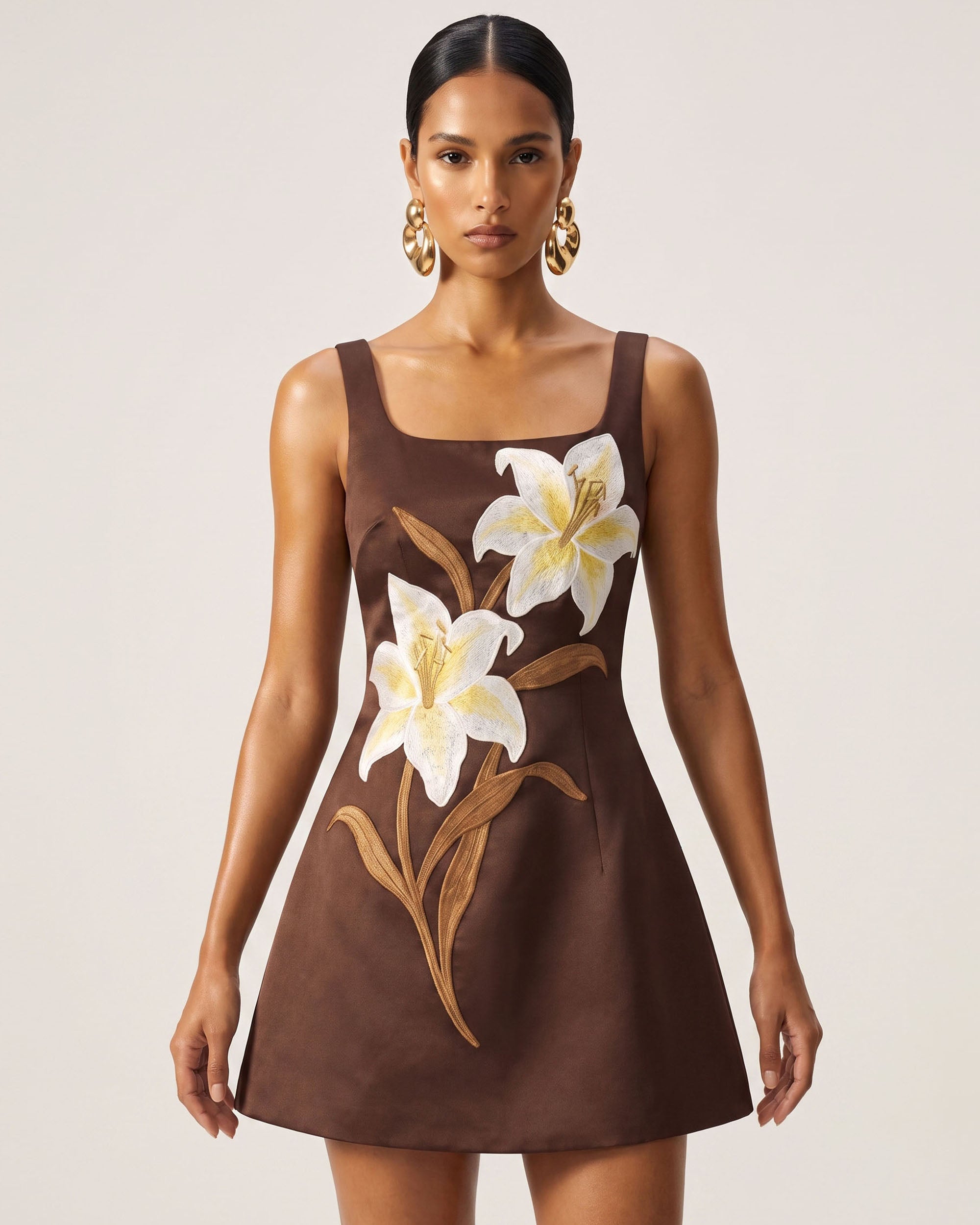 Lily Floral Print Sleeveless A-Line Mini Dress - Dark Brown