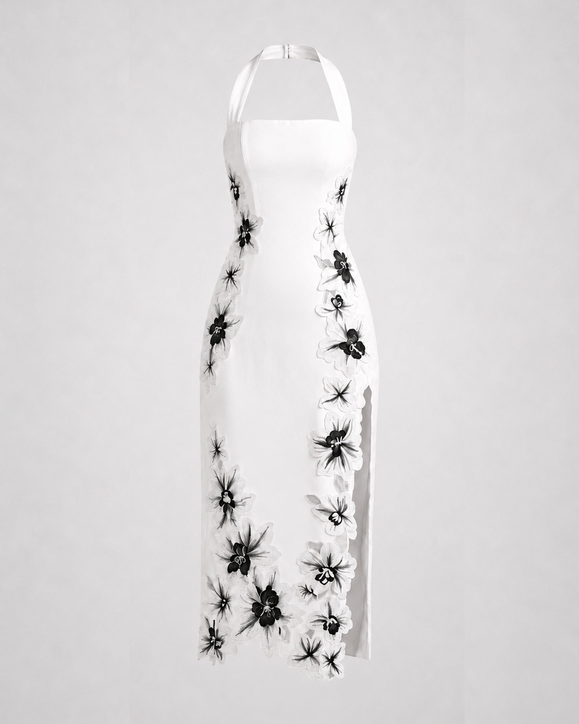 Flower Embroidered Halter Midi Dress - White