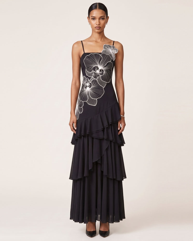 Orchid Embroidered Ruffled One-Shoulder Maxi Dress - Black & White