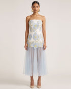 Floral Embroidered Strapless Tulle Maxi Dress - Light Blue