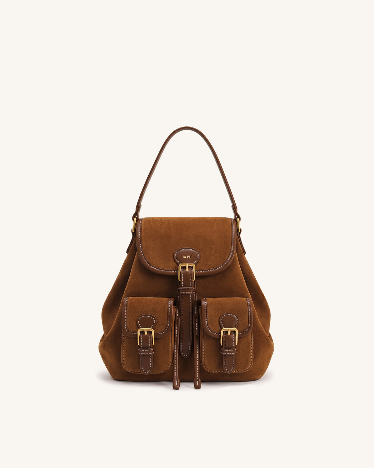 Harper Faux Suede Buckle Pocket Backpack - Caramel Brown