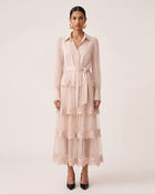 Orchid Embellished Tiered Belted Long-Sleeve Shirt Dress - Pink