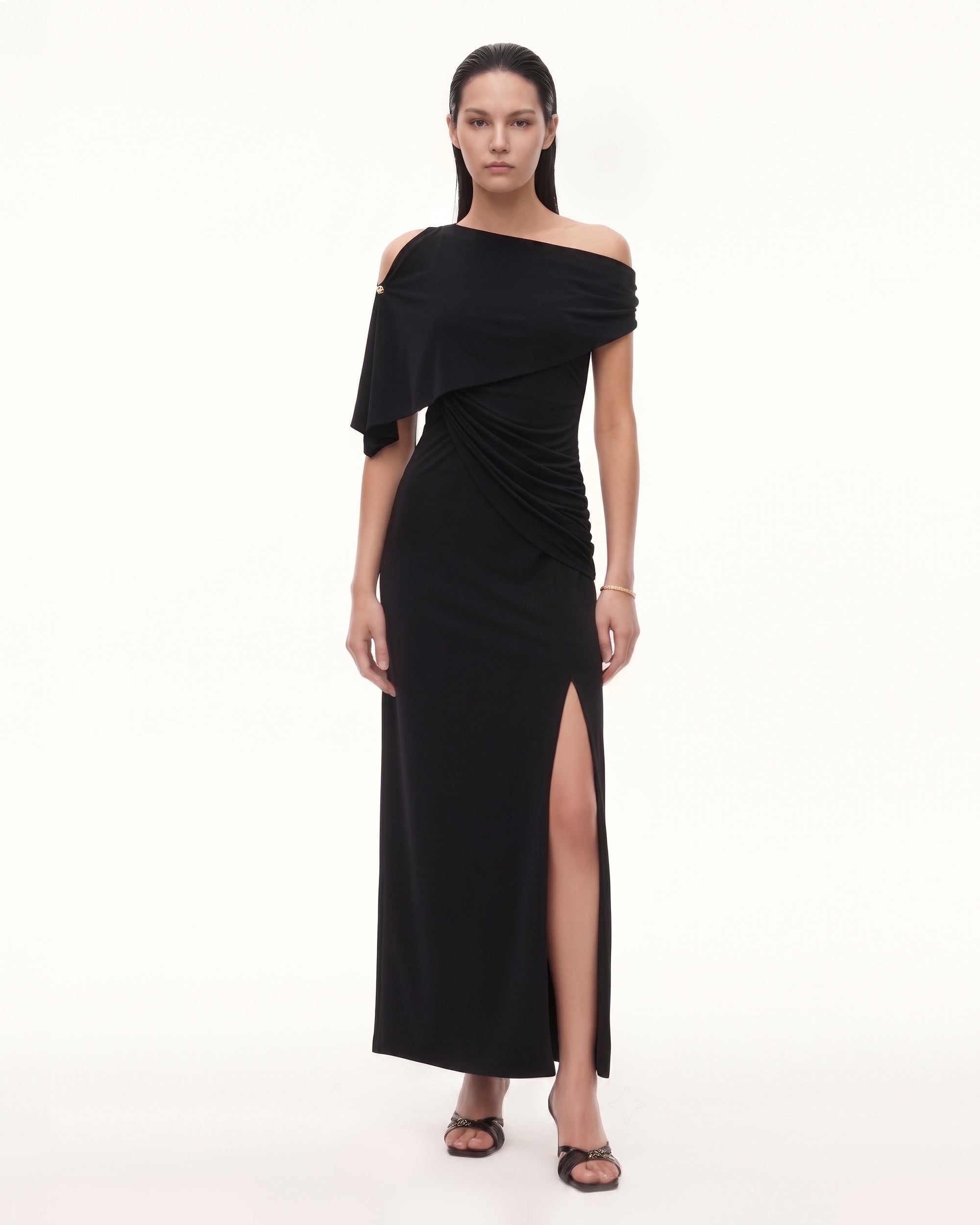 Asymmetric Shoulder Draped Cape Slit Midi Dress - Black