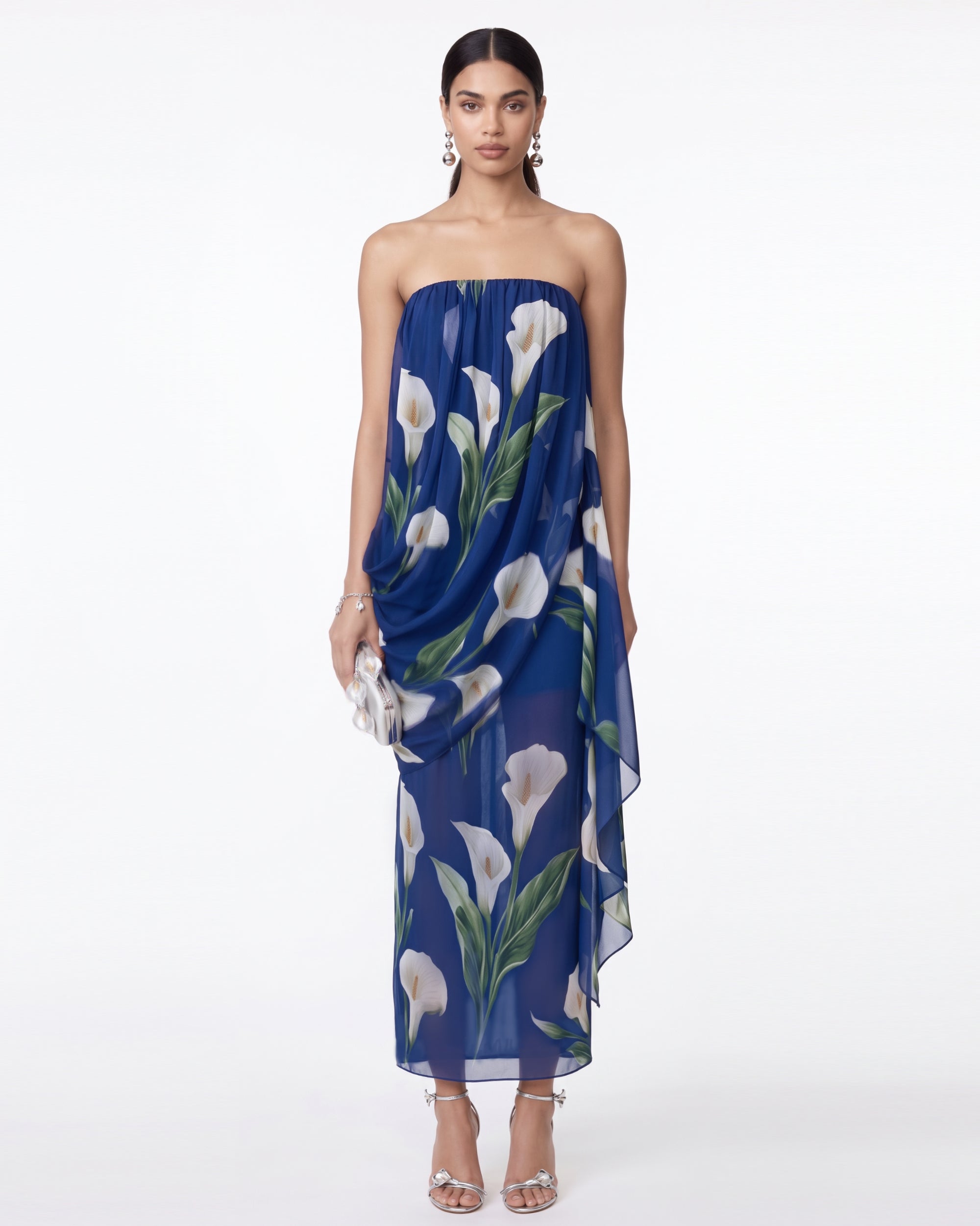Calla Lily Draped Strapless Maxi Dress - Blue