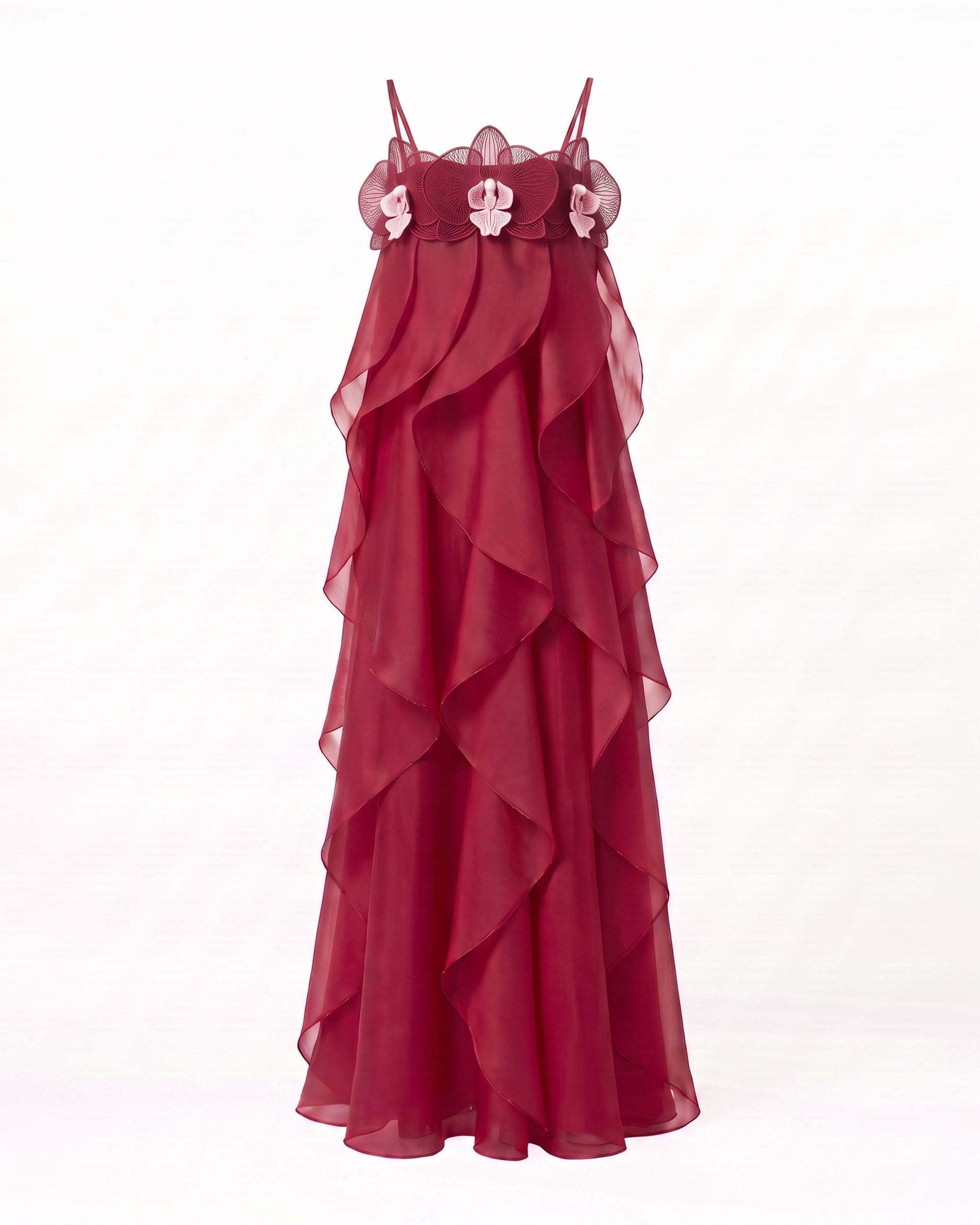 Orchid Embroidered Organza Maxi Dress - Red